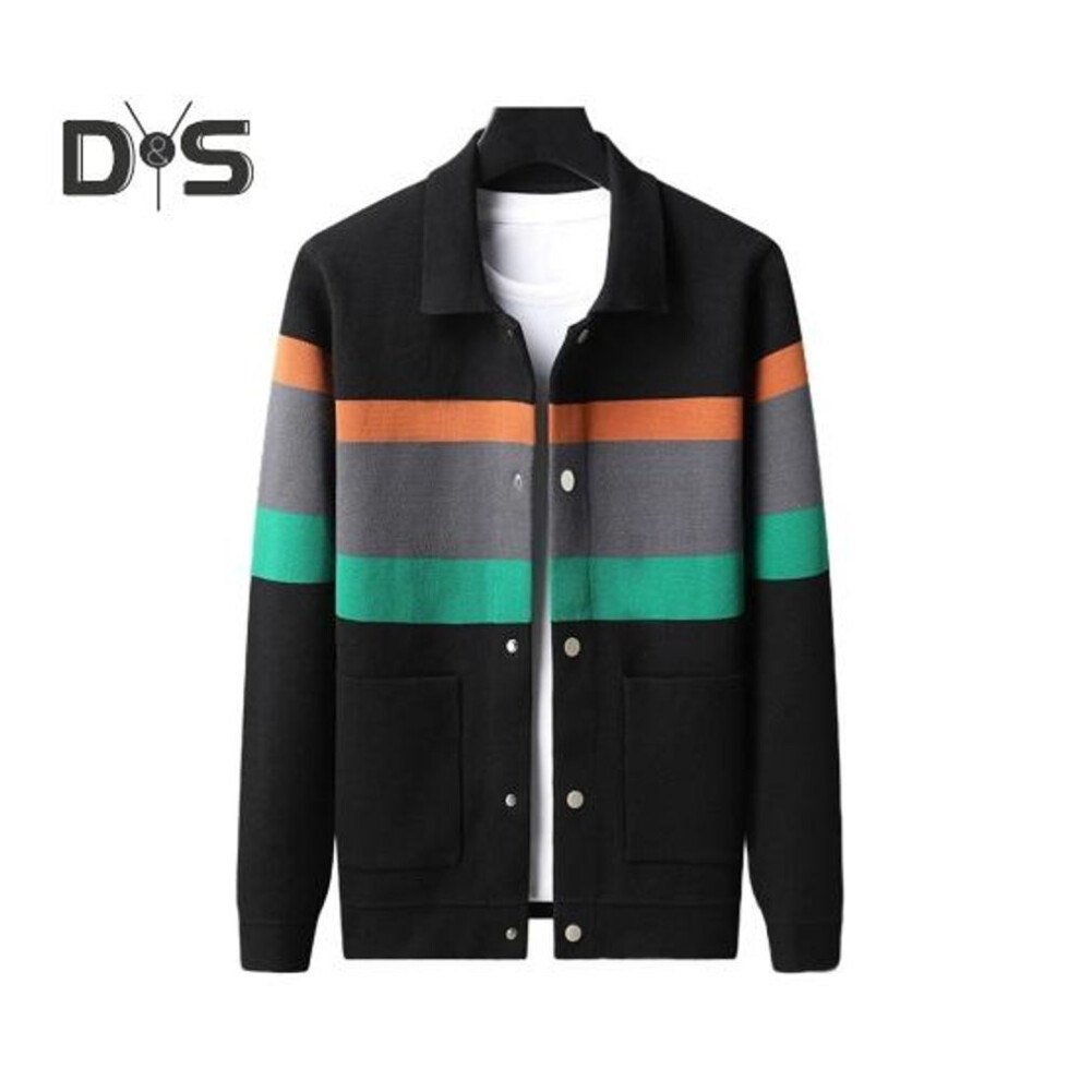 (green, XXXL) Fall Winter Men Cardigan Sweater Coloblock Turn-down Collar Coat Long Sleeves Pockets Single-breasted Knitted Elastic Jacket