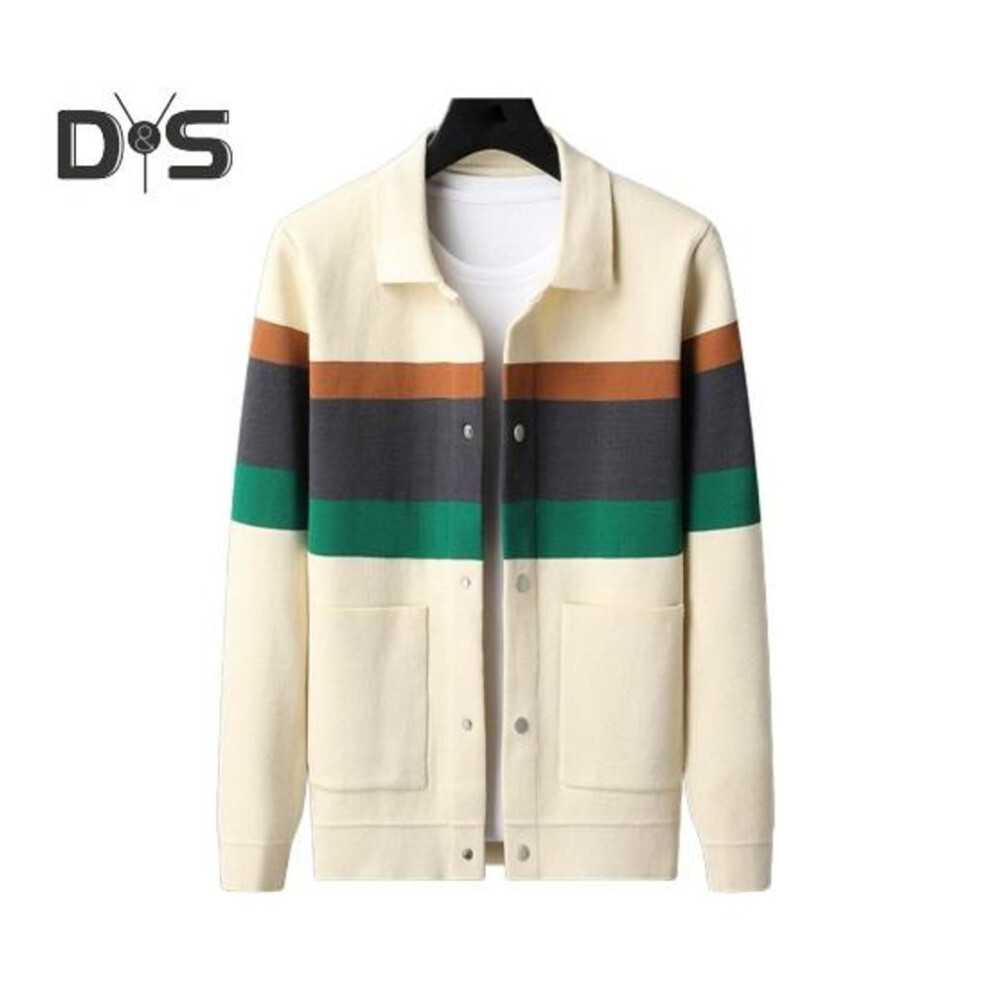(beige, XL) Fall Winter Men Cardigan Sweater Coloblock Turn-down Collar Coat Long Sleeves Pockets Single-breasted Knitted Elastic Jacket