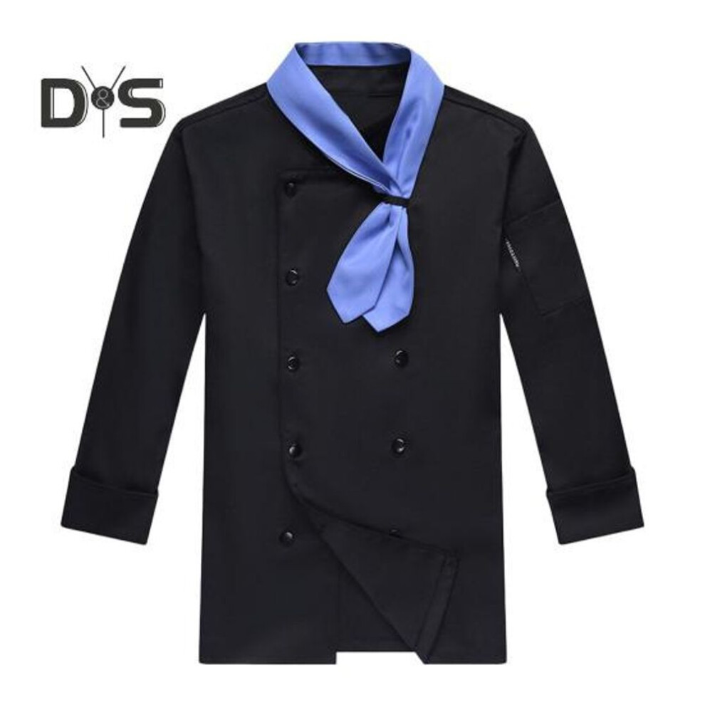 (black, XXL) Chef Uniform With Scarf Tie Double-breasted Buttons Stand Collar Long Sleeves Women Men Chef Shirt Workwear