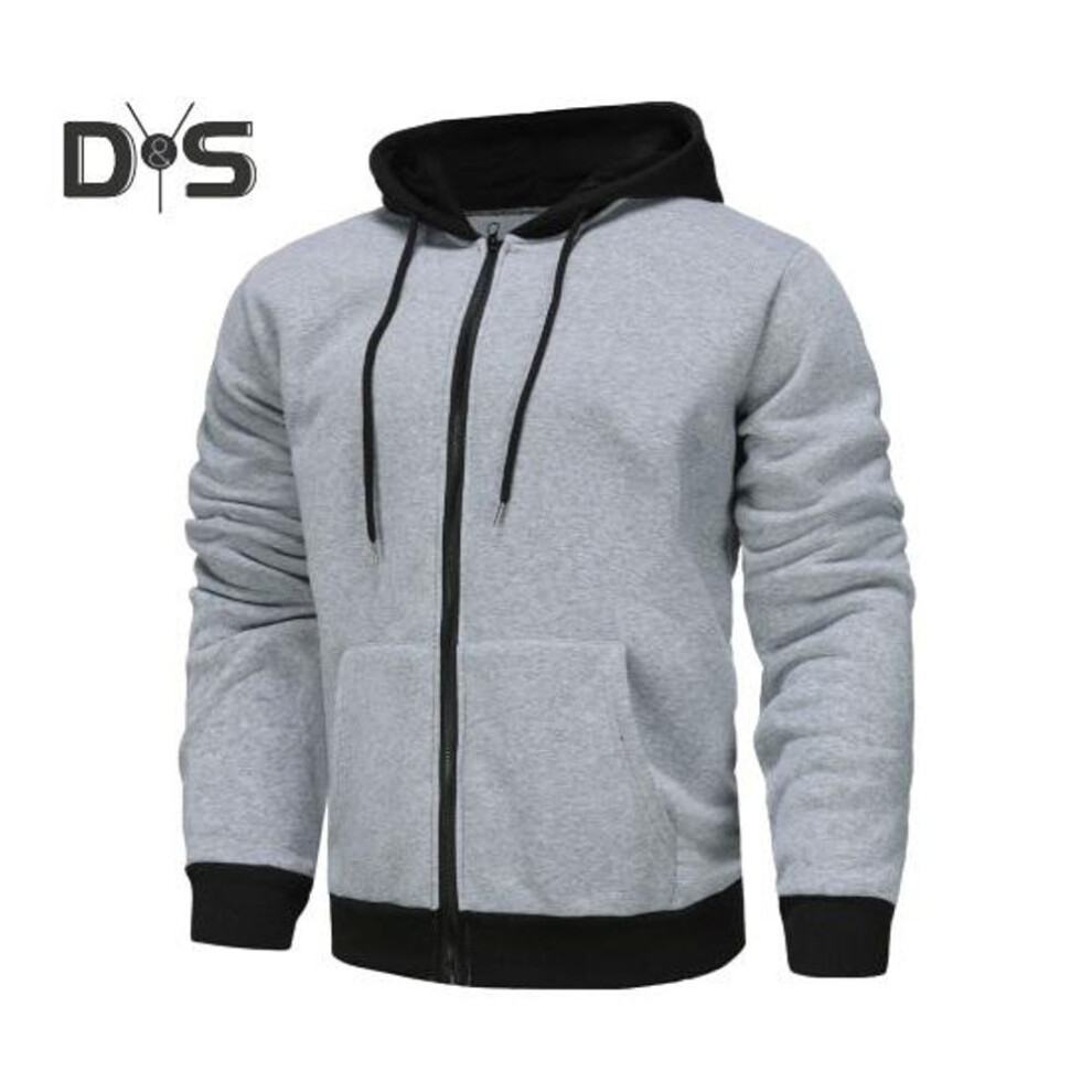 (dark gray, S) Men Fall Winter Hoodie Drawstring Long Sleeves Solid Color Drawstring Zippper Closure Coat Cardigan Elastic Cuff And Hem Pockets Sport Jacket