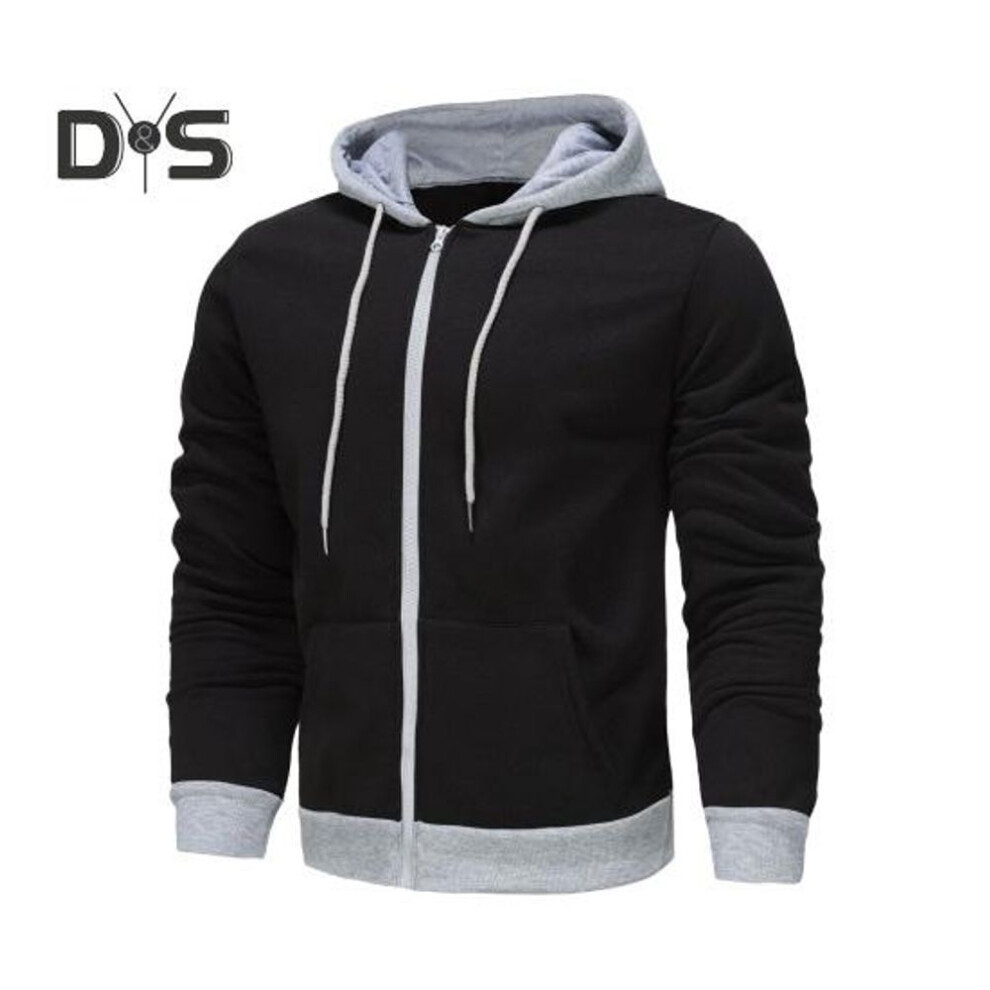 (black, XL) Men Fall Winter Hoodie Drawstring Long Sleeves Solid Color Drawstring Zippper Closure Coat Cardigan Elastic Cuff And Hem Pockets Sport Jacket