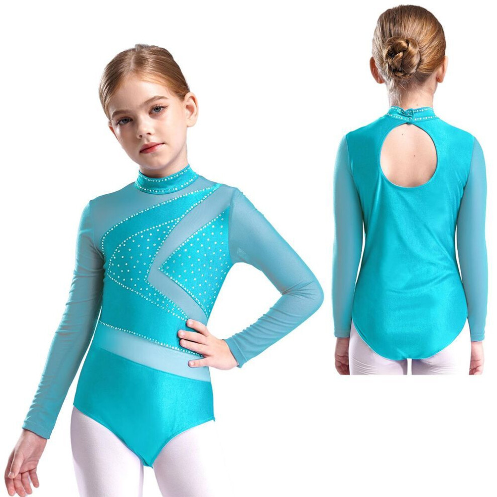 (blue,green, 15-16 Years) Girls Gymnastics Figure Skating Dance Costume Sparkly Rhinestone Ballet Leotard Unitard Sheer Mesh Long Sleeve Jumpsuit