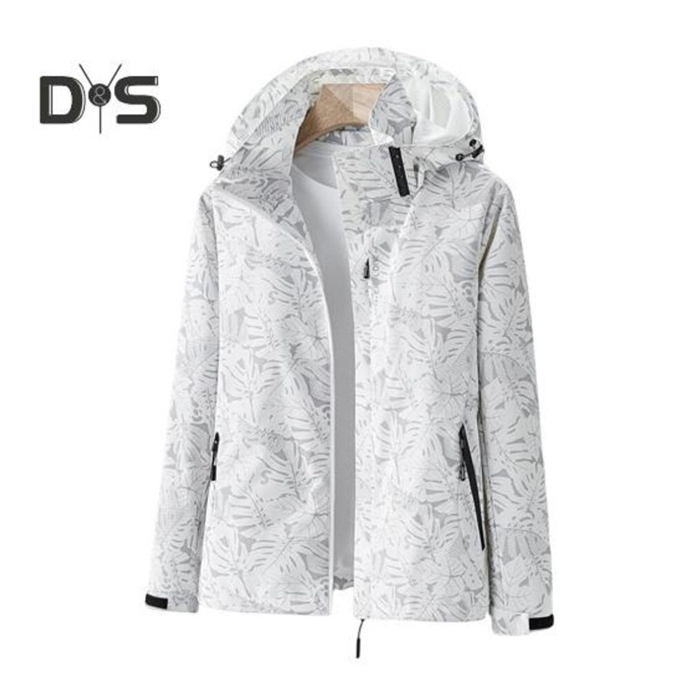 (white, 2XL) Women Jacket Stand Collar Detachable Hood Long Sleeve Casual Coat with Pockets Maple Leaves Print Zipper Placket Outwear