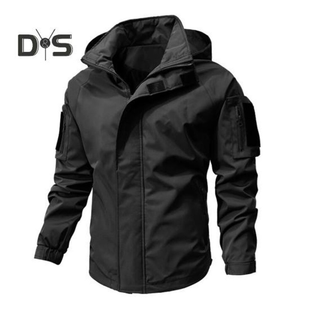 (black, XXL) Men Casual Jacket Hooded Long Sleeve Windproof Jacket Multiple Pockets Full Zipper Closure Fastener Tape Trench Coat