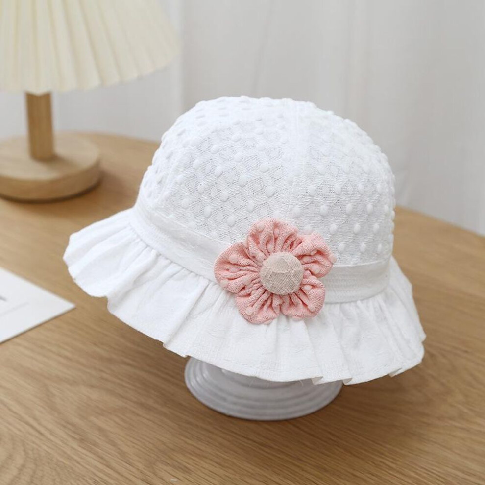 (white) Cute Flower Baby Bucket Hat Breathable Soft Cotton Infant Girl Fisherman Cap Solid Color Toddler Sun Hats