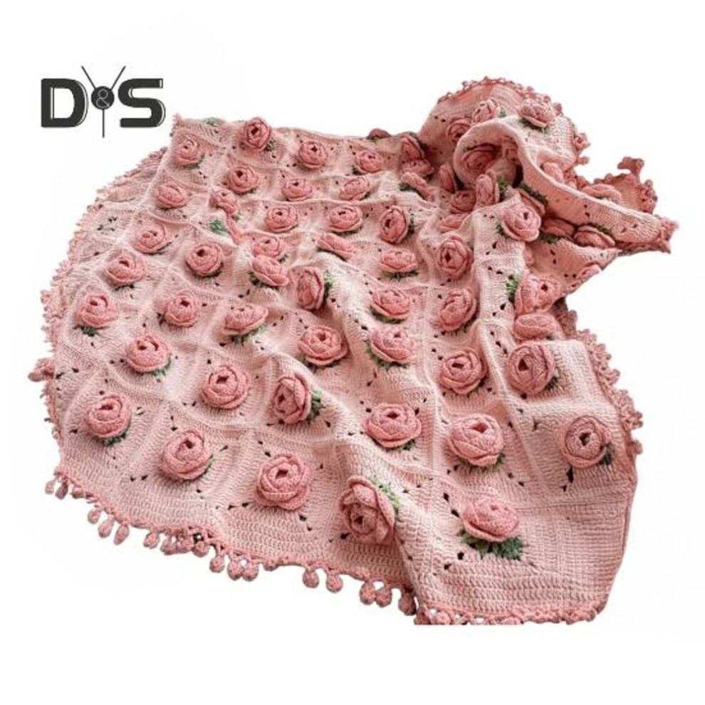 (pink, M) DIY Crochet Rose Flower Blanket Kit Handmade Yarn Knitting Floral Throw Blanket Mother's Day Valentine's Day Birthday Women Beginner Gift
