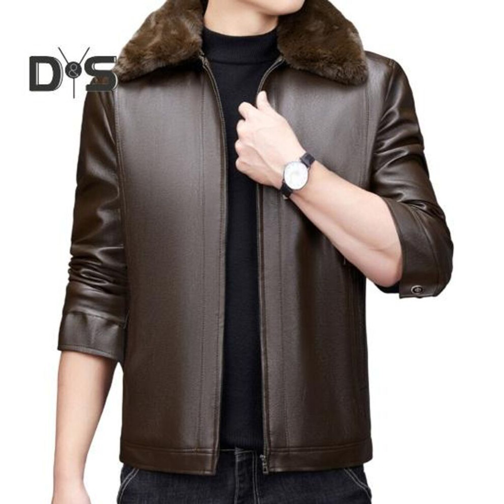 (coffee, L) Men Faux Leather Jacket with Removable Fur Collar Slim Fit Zipper Closure Solid Color Jacket Coat Pockets Design Plush Lining Winter Coat