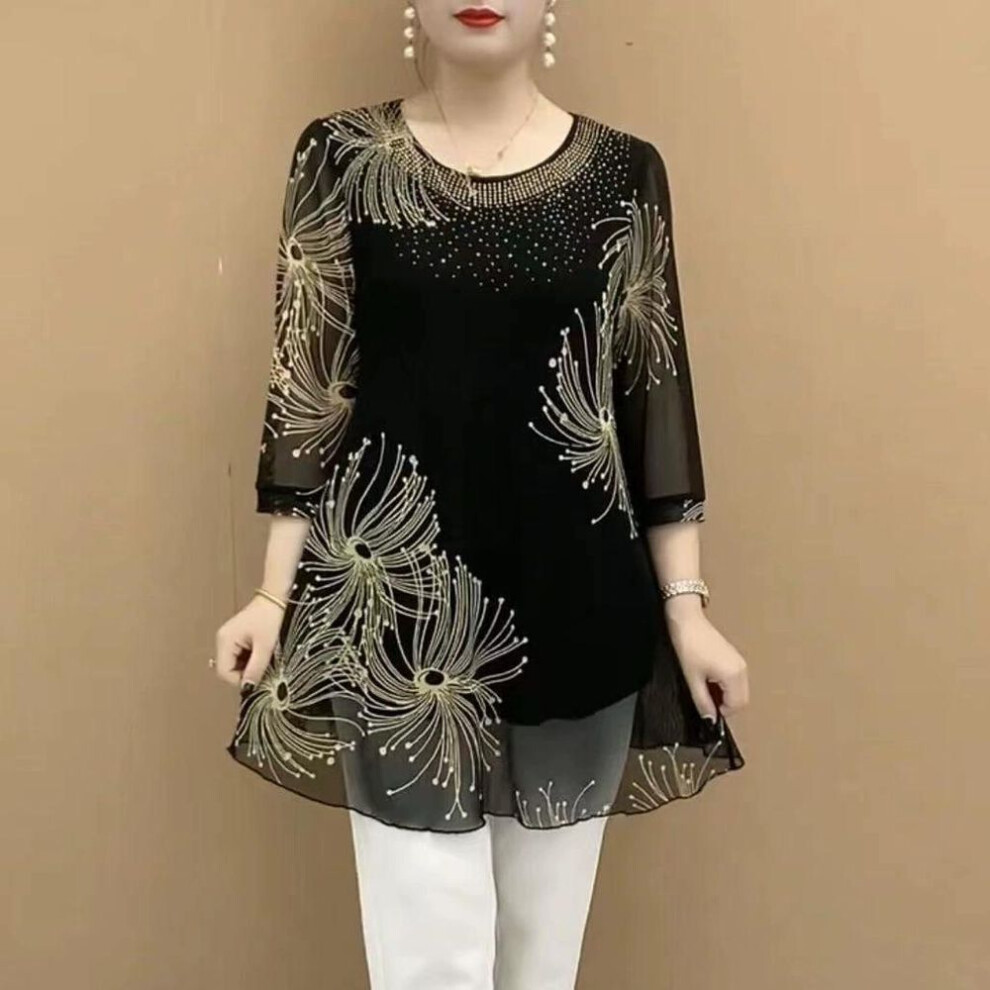 (XXL, yellow) Printed Fashion 3/4 Sleeve Chiffon T-shirt for Female Casual Loose Round Neck Diamonds Tops Summer Womens Clothing