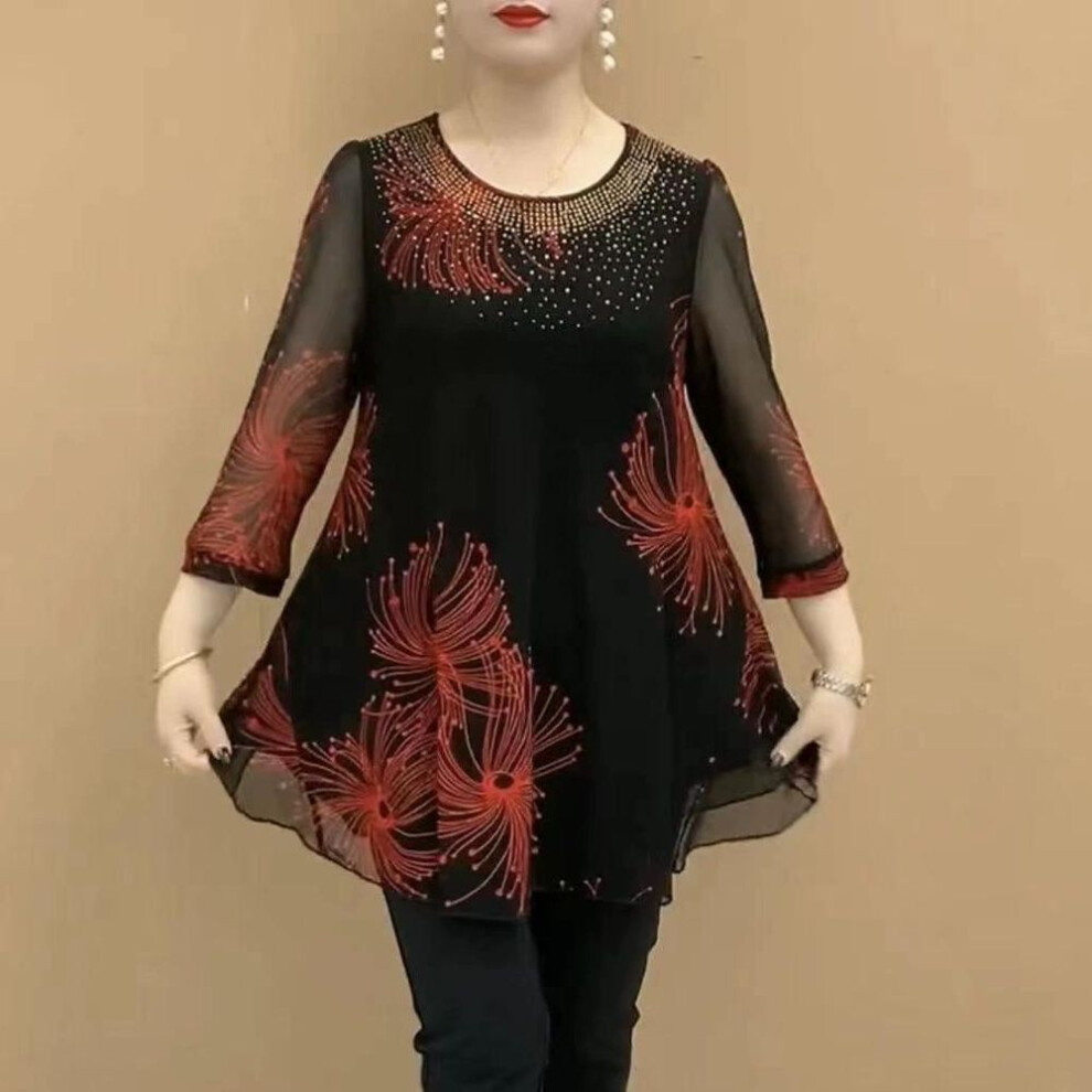 (XXXXL, red) Printed Fashion 3/4 Sleeve Chiffon T-shirt For Female Casual Loose Round Neck Diamonds Tops Summer Womens Clothing