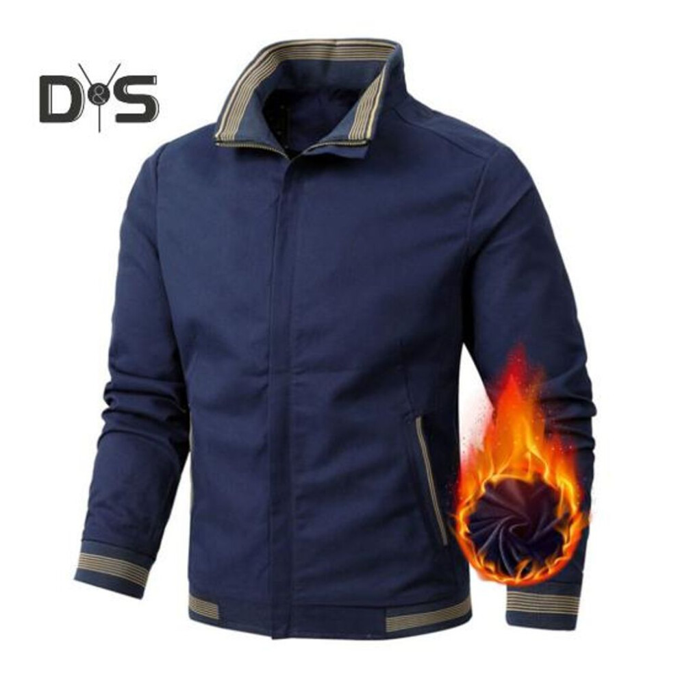 (dark blue, M) Men Jacket Coat Stand Collar Long Sleeve Plush Lining Jacket Coat with Pockets Patchwork Color Zipper Placket Windproof Outwear
