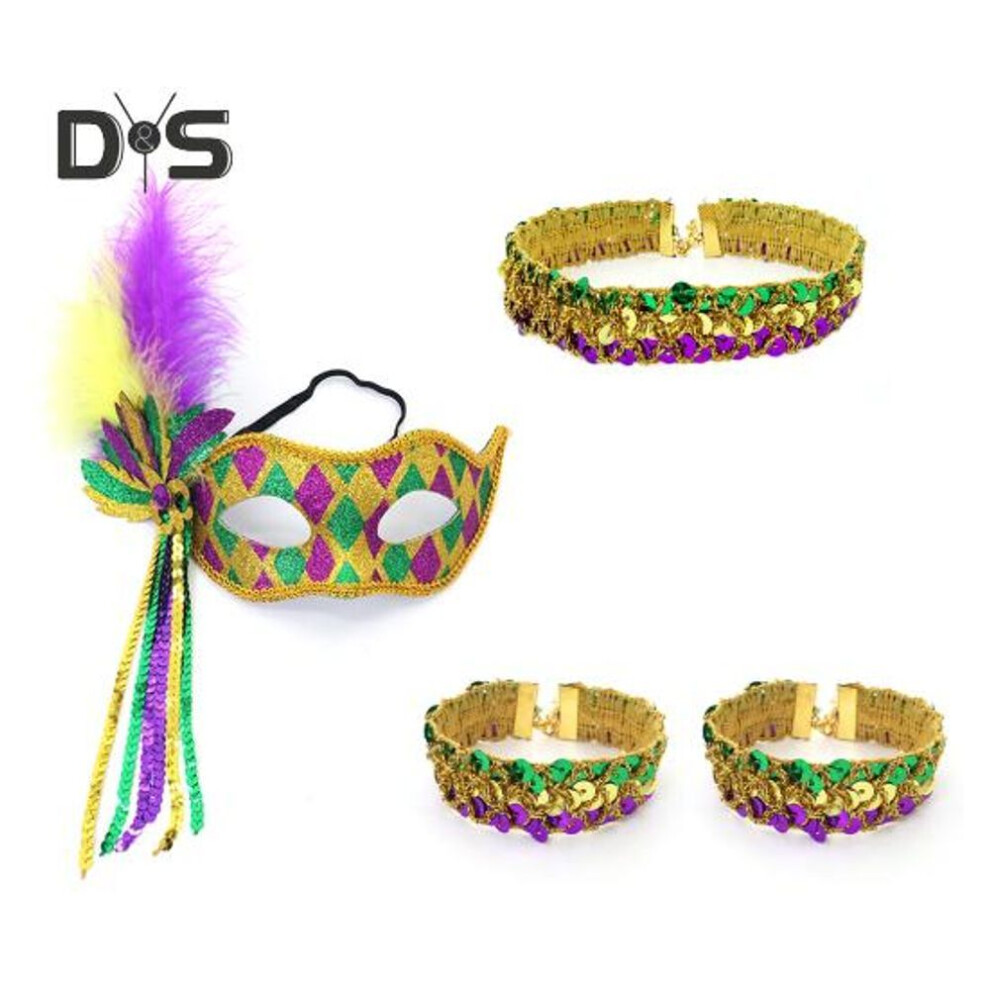 (as the picture, One Size C) 1920s Accessories Mardi Gras Sequin Collar Bracelet Costume Props Women Flapper Feather Headband For Carnival Masquerade
