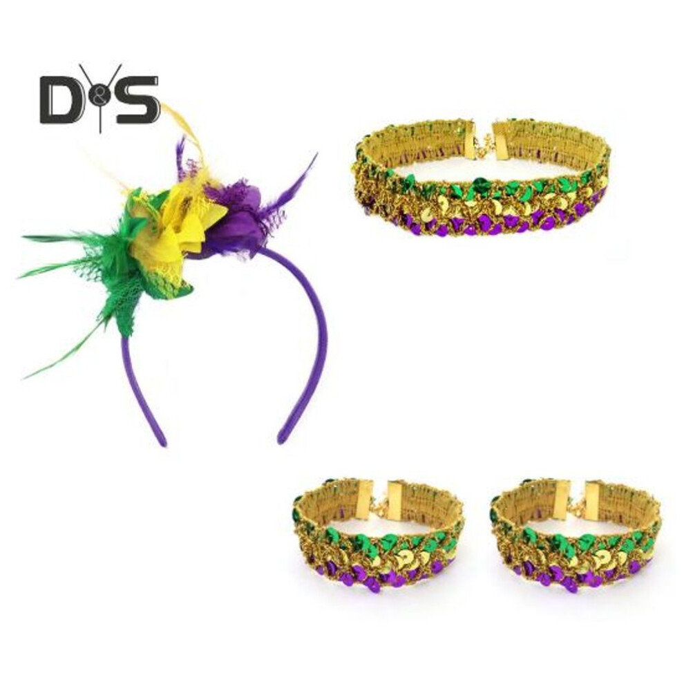 (as the picture, One Size A) 1920s Accessories Mardi Gras Sequin Collar Bracelet Costume Props Women Flapper Feather Headband for Carnival Masquerade