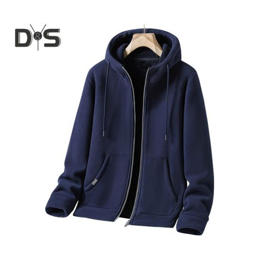 (dark blue, L) Men Fall Winter Coat Hooded Zipper Closure Long Sleeves Drawstring Loose Thick Warm Solid Color Cardigan Daily Wear Hoodie Jacket
