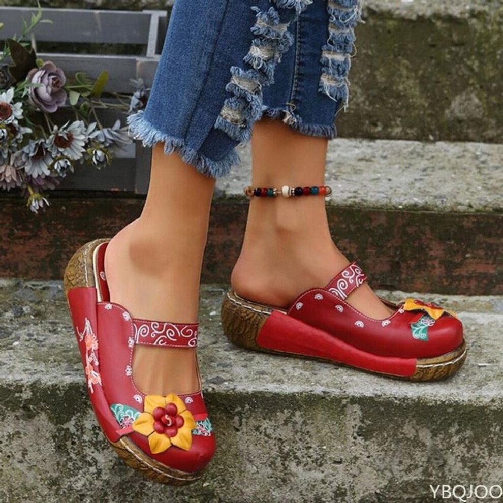 (red, 40) Women Summer Shoes New Comfort Roman Platform Sandals Women Flower Non -slip Plus Size Baotou Wedge Ladies Slippers