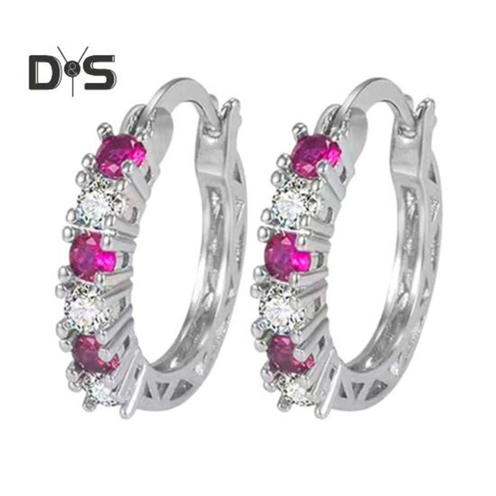 (rose red) 1 Pair Women Huggie Earrings Blue Cubic Zirconia Small Hoop Earrings Party Prom Clipping-on Earrings Copper Round Earrings