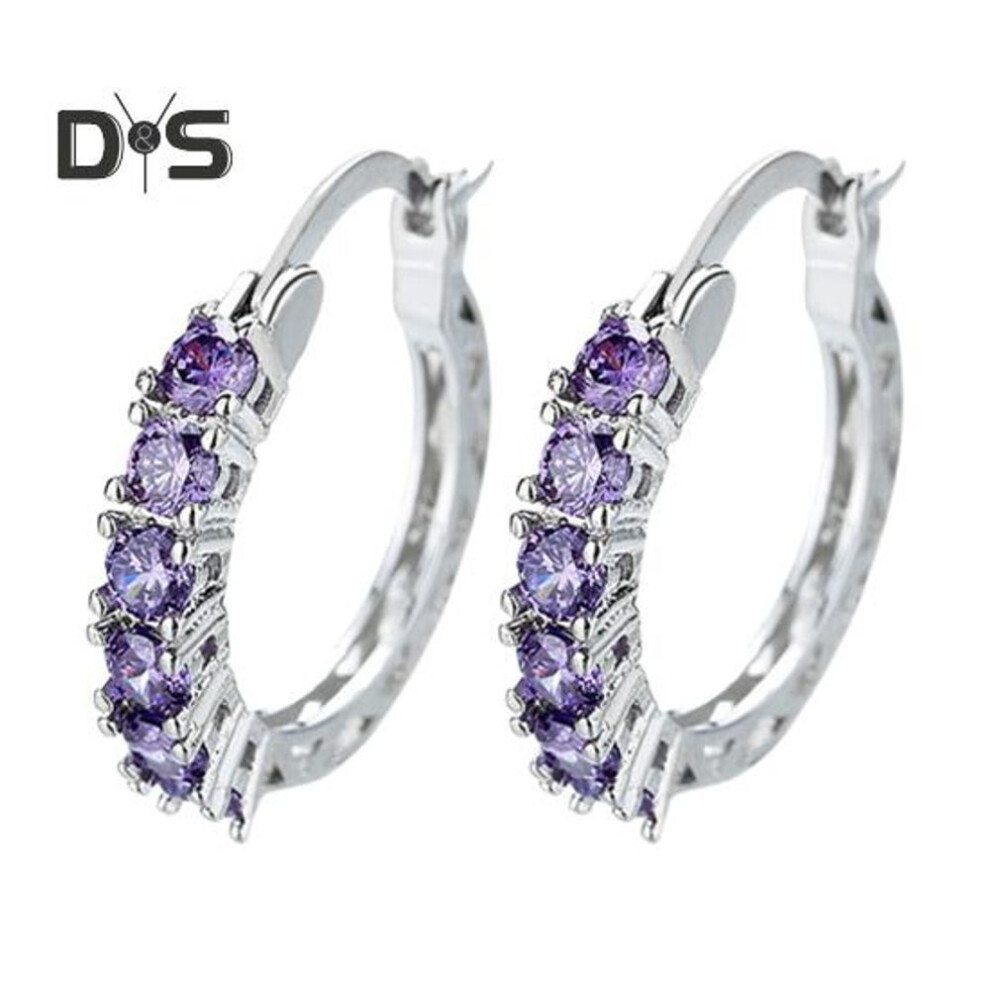 (purple) 1 Pair Women Huggie Earrings Blue Cubic Zirconia Small Hoop Earrings Party Prom Clipping-on Earrings Copper Round Earrings