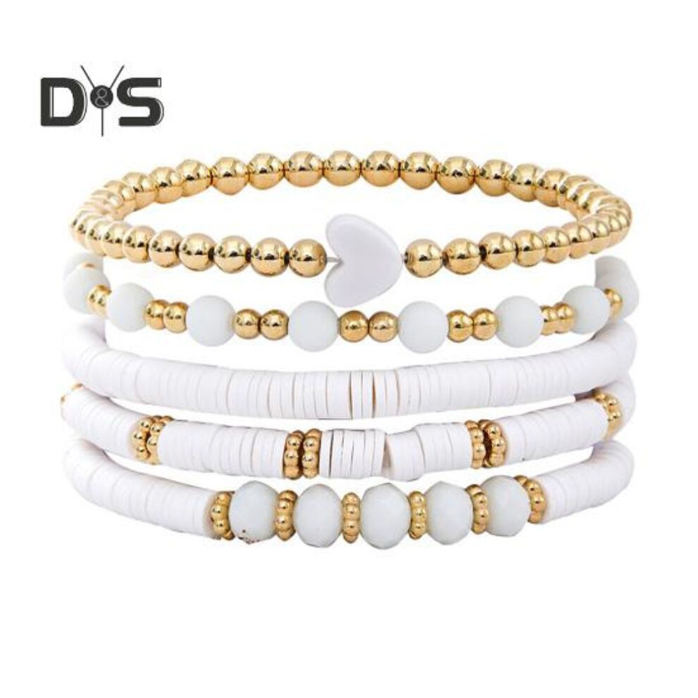 (white) 5 Pcs Bohemian Bracelets Polymer Clay Multi-layer Stacking Heart Beads Contrast Color Jewelry For Beach Work Party Vacation