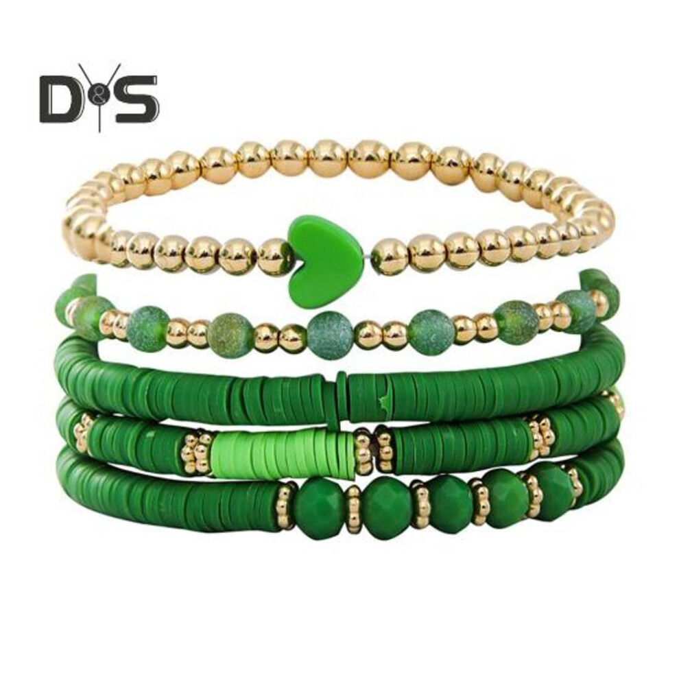 (green) 5 Pcs Bohemian Bracelets Polymer Clay Multi-layer Stacking Heart Beads Contrast Color Jewelry For Beach Work Party Vacation