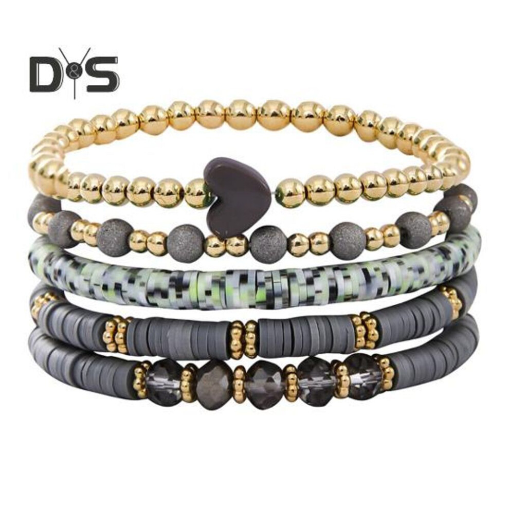 (grey) 5 Pcs Bohemian Bracelets Polymer Clay Multi-layer Stacking Heart Beads Contrast Color Jewelry For Beach Work Party Vacation