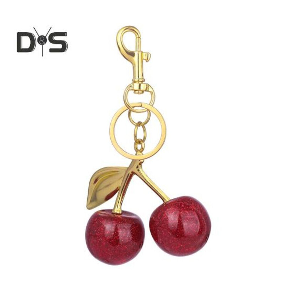 (Other, A) Keychain Bag Charm with Golden Shimmering Resin Cherries Hypoallergenic Steel Key Pendant Bag Wallet Accessory