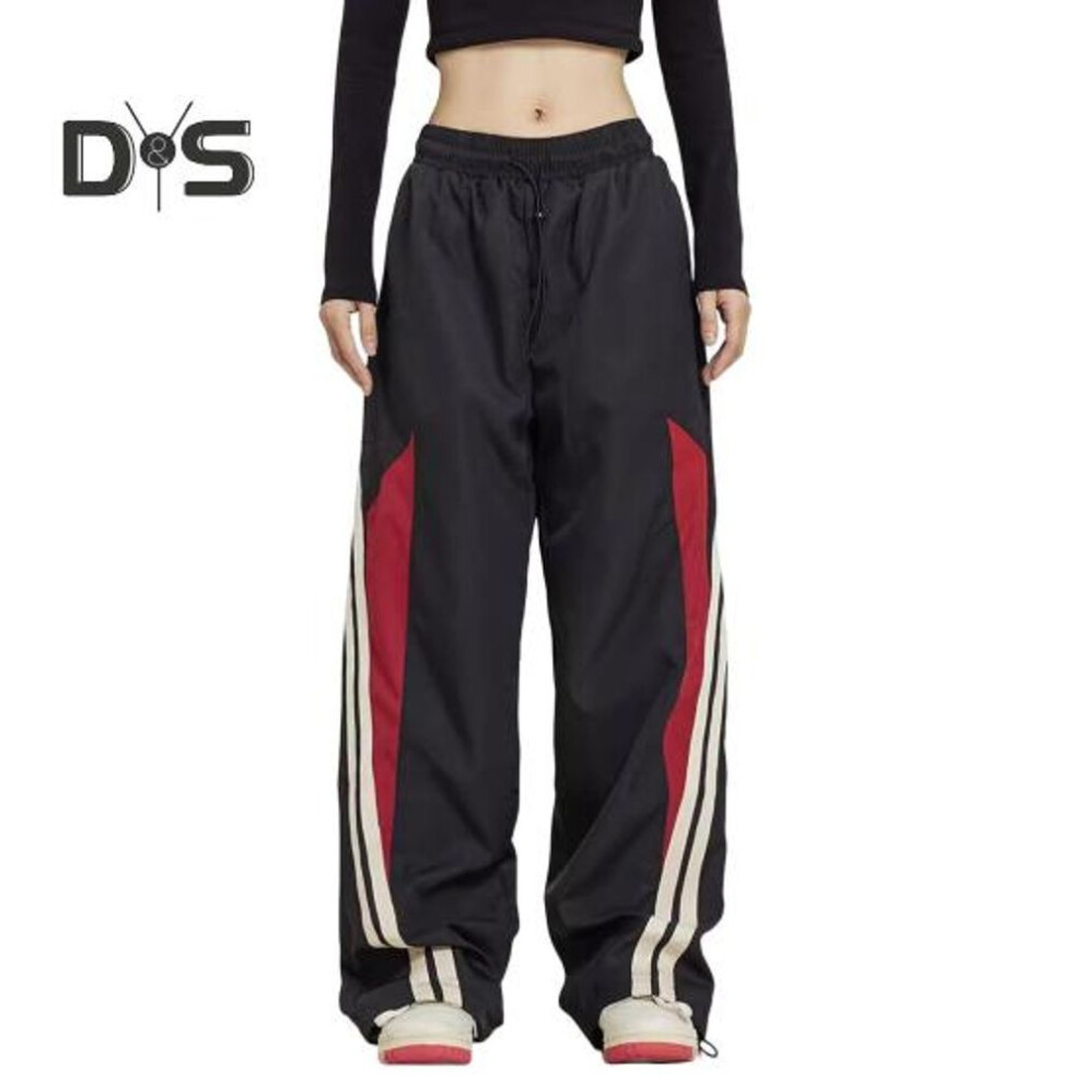 (black, XL) Women Pants Elastic High Waist Adjustable Drawstring Wide-leg Vertical Stripe Stitching Pants Retro Street Style Sport Trousers