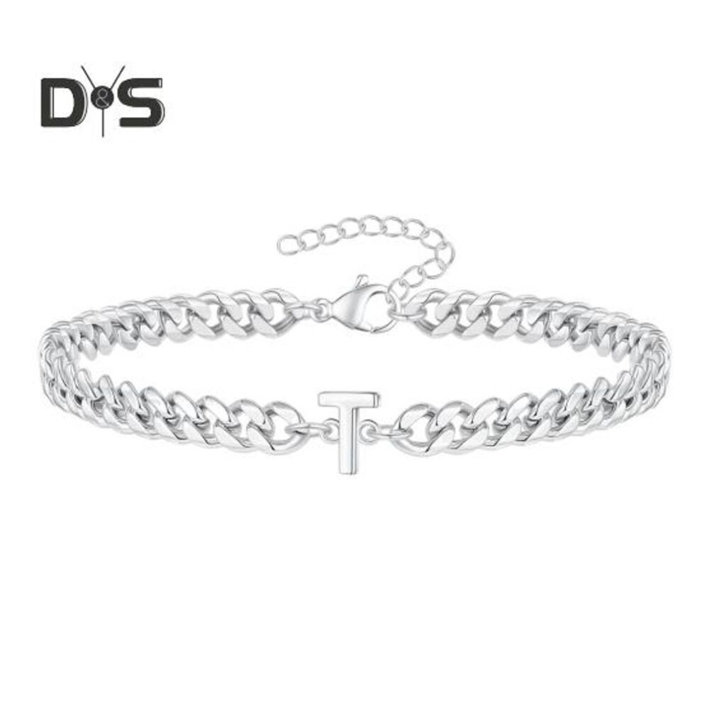 (as the picture, T) Unisex Bracelet Letter Charm Hollow Thick Chain Adjustable with Extended Chain Name Initial Bangle Couple Gift for Valentines Day