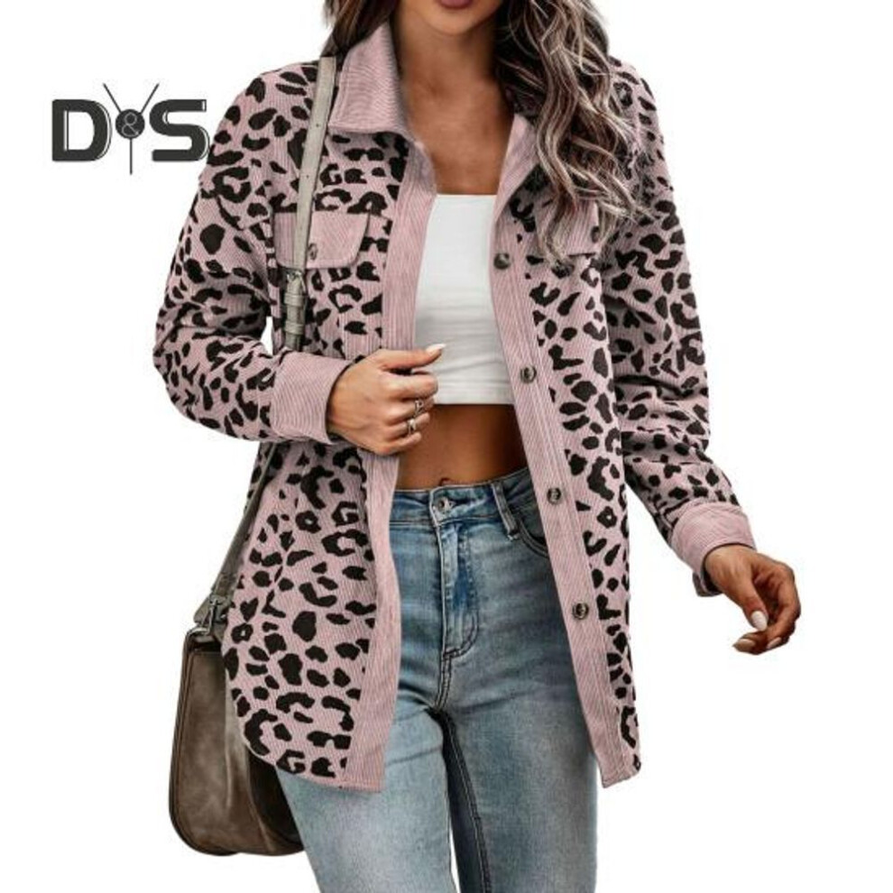 (M, pink) Women Spring Autumn Thin Shirt Coat Lapel Long Sleeve Single Breasted Leopard Patchwork Color Loose Fit Jacket Outwear
