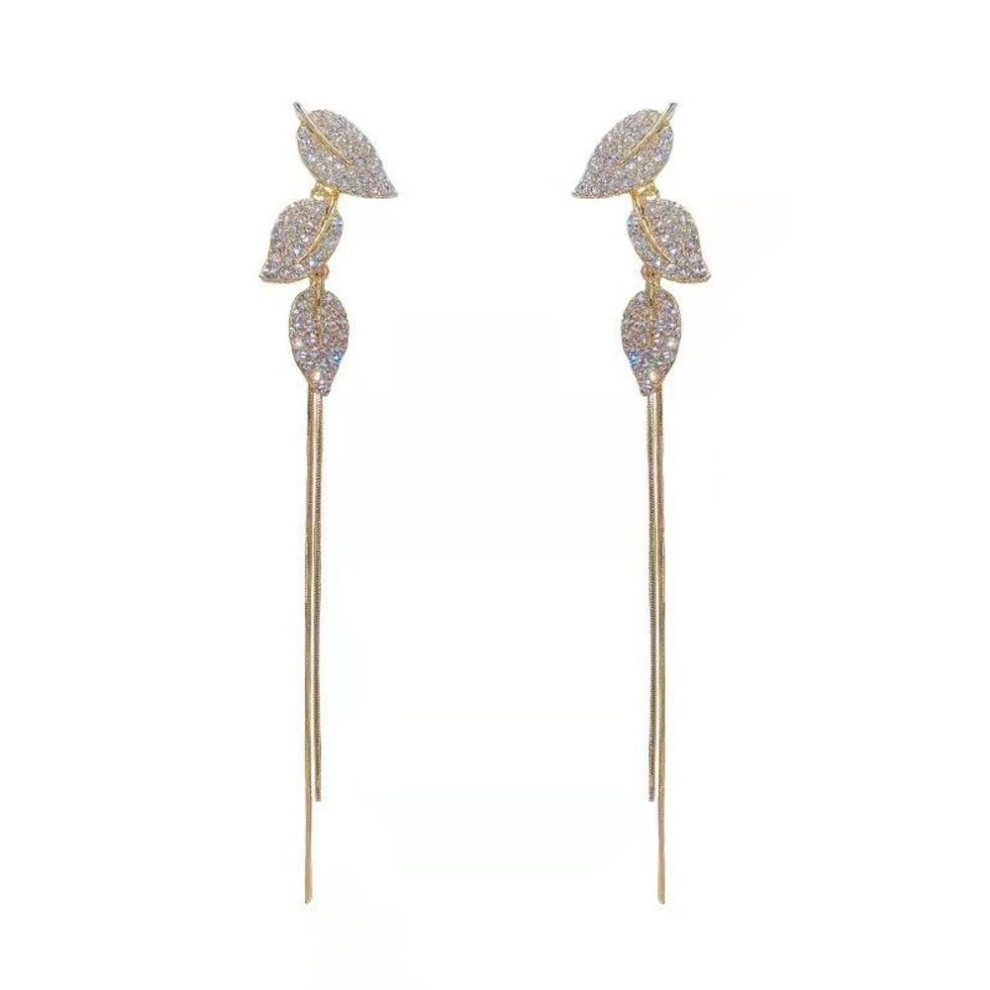 (gold) Crystal Leaf Long Tassel Earrings For Women Trending New Fairy Women's Drop Earrings