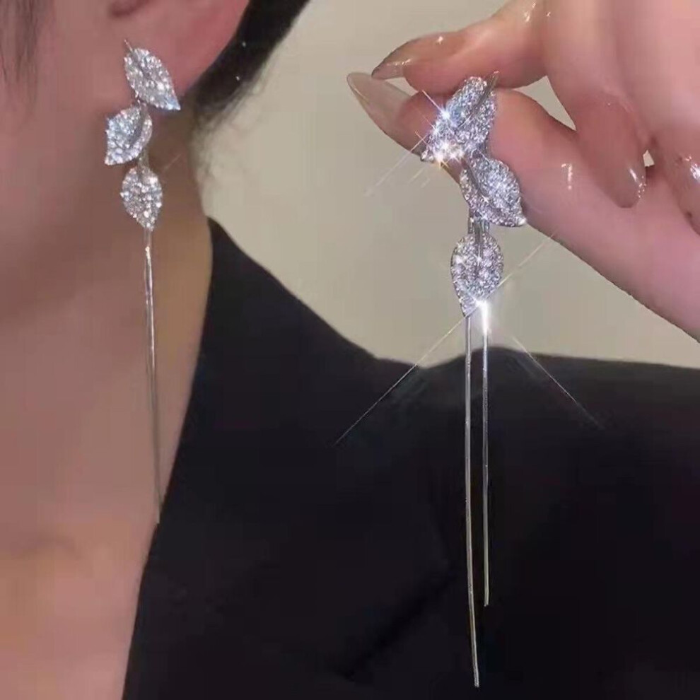 (silver) Crystal Leaf Long Tassel Earrings For Women Trending New Fairy Women's Drop Earrings