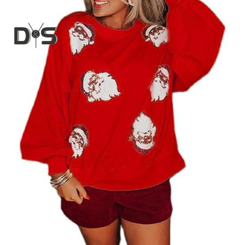 (L, red) Women Christmas Sweatshirt Round Neck Sequin Santa Pattern Loose Long Lantern Sleeves Pullover Keep Warm New Year Party Top