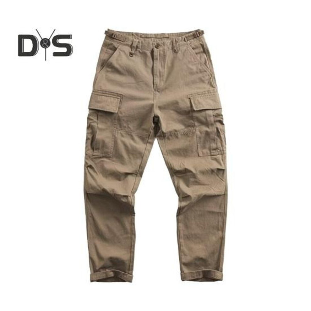 (khaki, L) Men Cargo Pants Loose Solid Color Vintage Style High Street Style Wide Leg Straight Leg Multi Pockets Streetwear Outdoor Travel Trousers