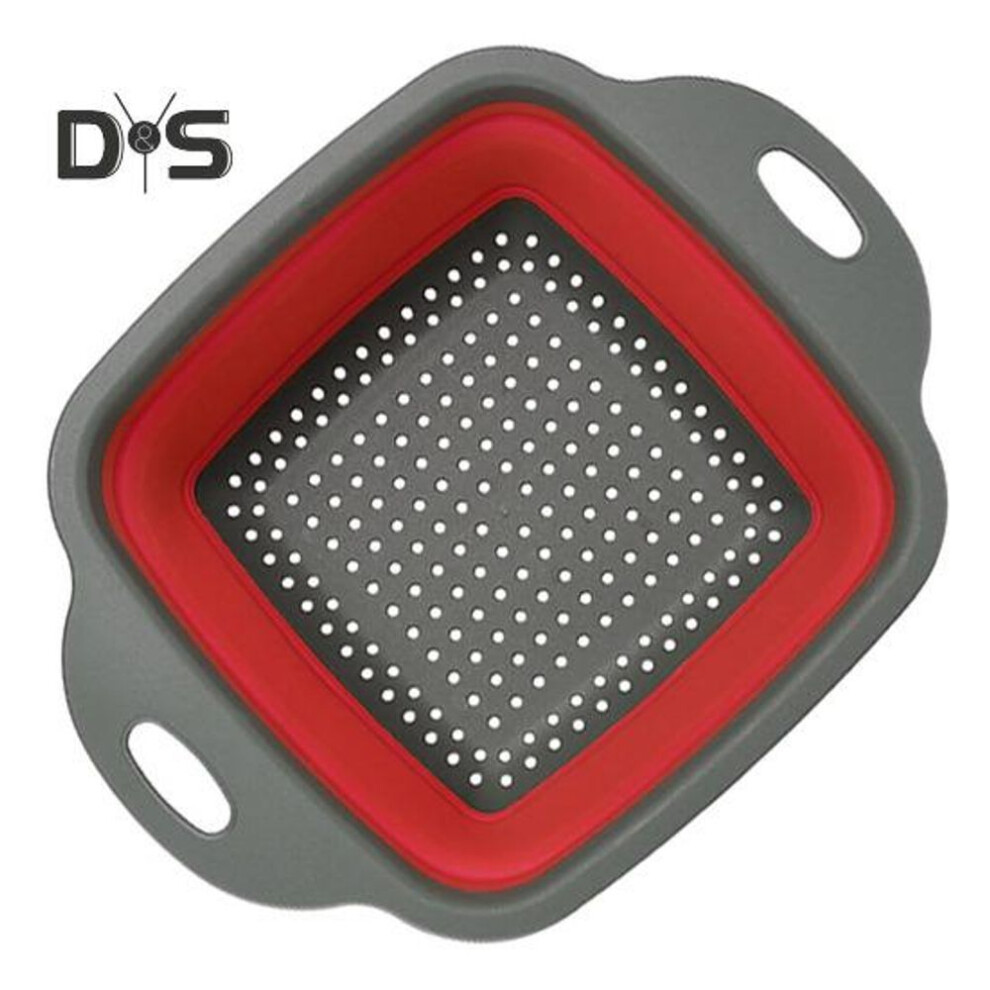 (red, S) Collapsible Drain Basket With Handle Food Grade Bpa Free Large Capacity Square Silicone Folding Colander Vegetables Fruits Strainer