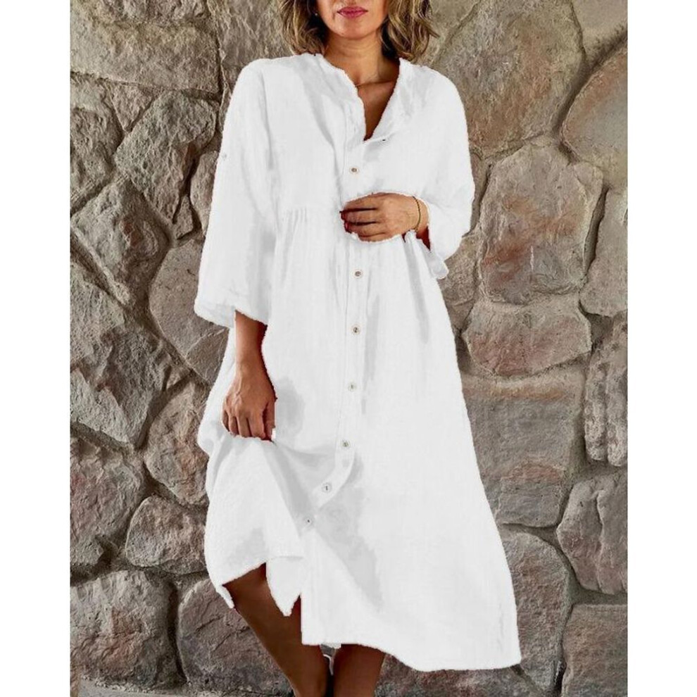 (white, M) Women's Casual Button-up Dress