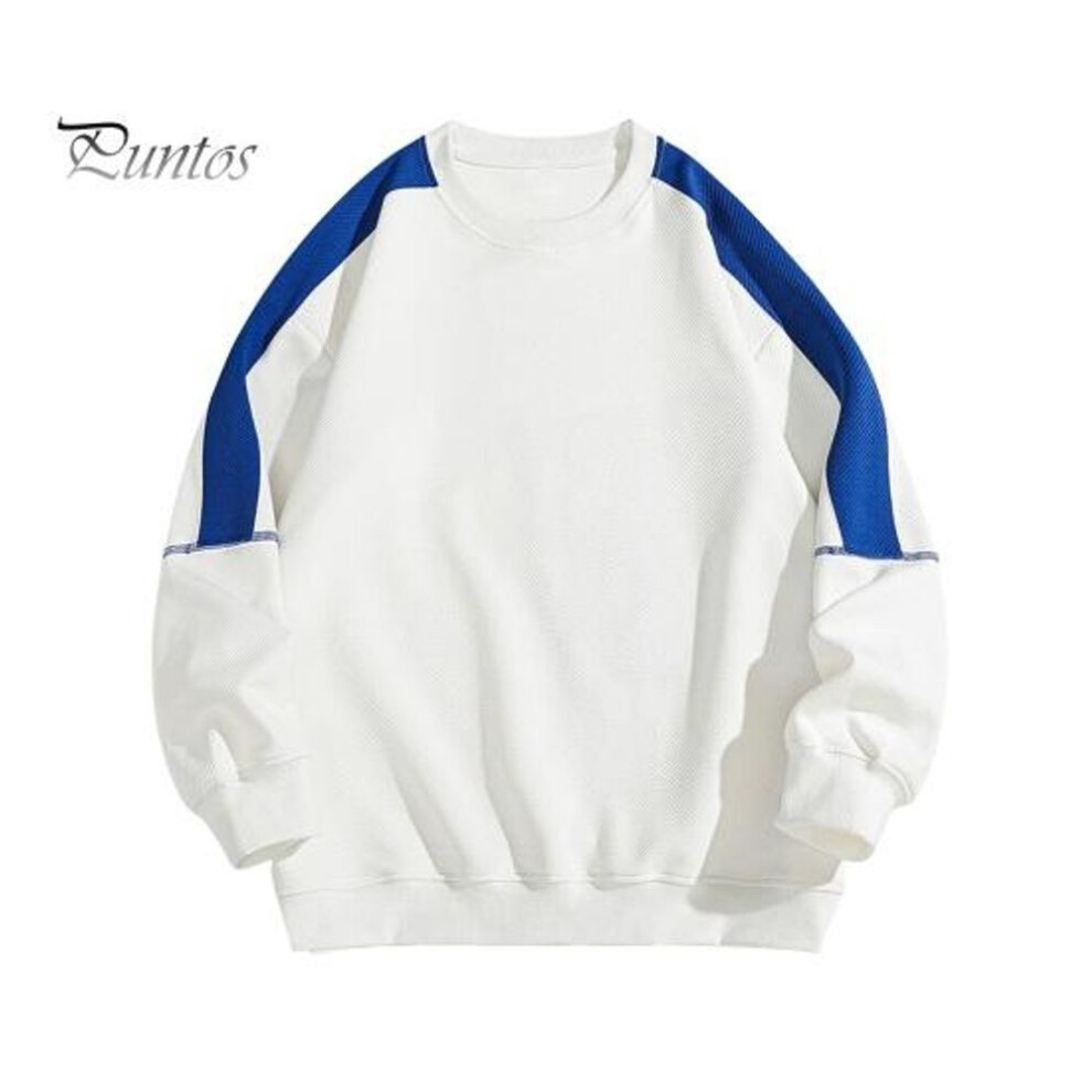 (white, L) Men Autumn Winter Sweatshirt Round Neck Colorblock Sport Top With Elastic Cuffs And Hem Loose Fit Unisex Fitness Clothes