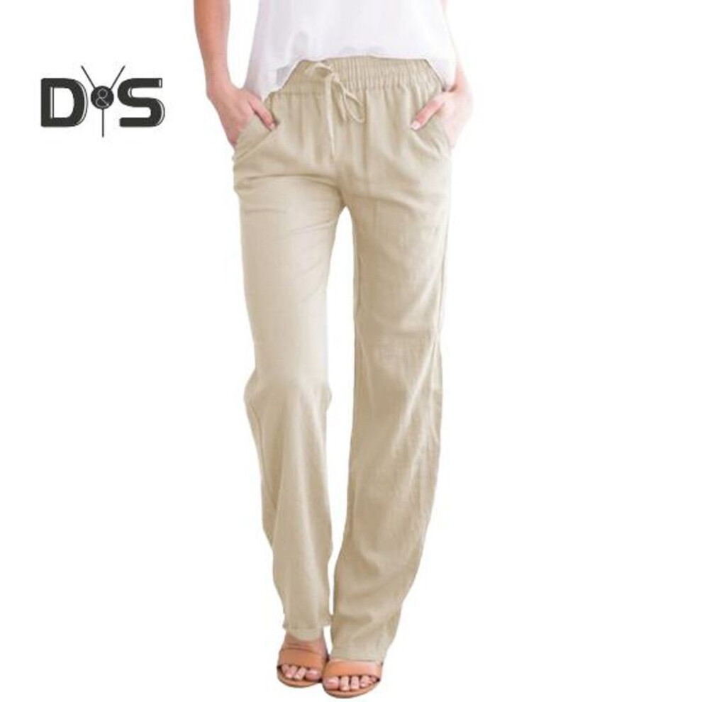 (apricot, M) Women Casual Pants Elastic Drawstring Waist Long Pants With Pockets Solid Color Loose Fit Wide Leg Trousers