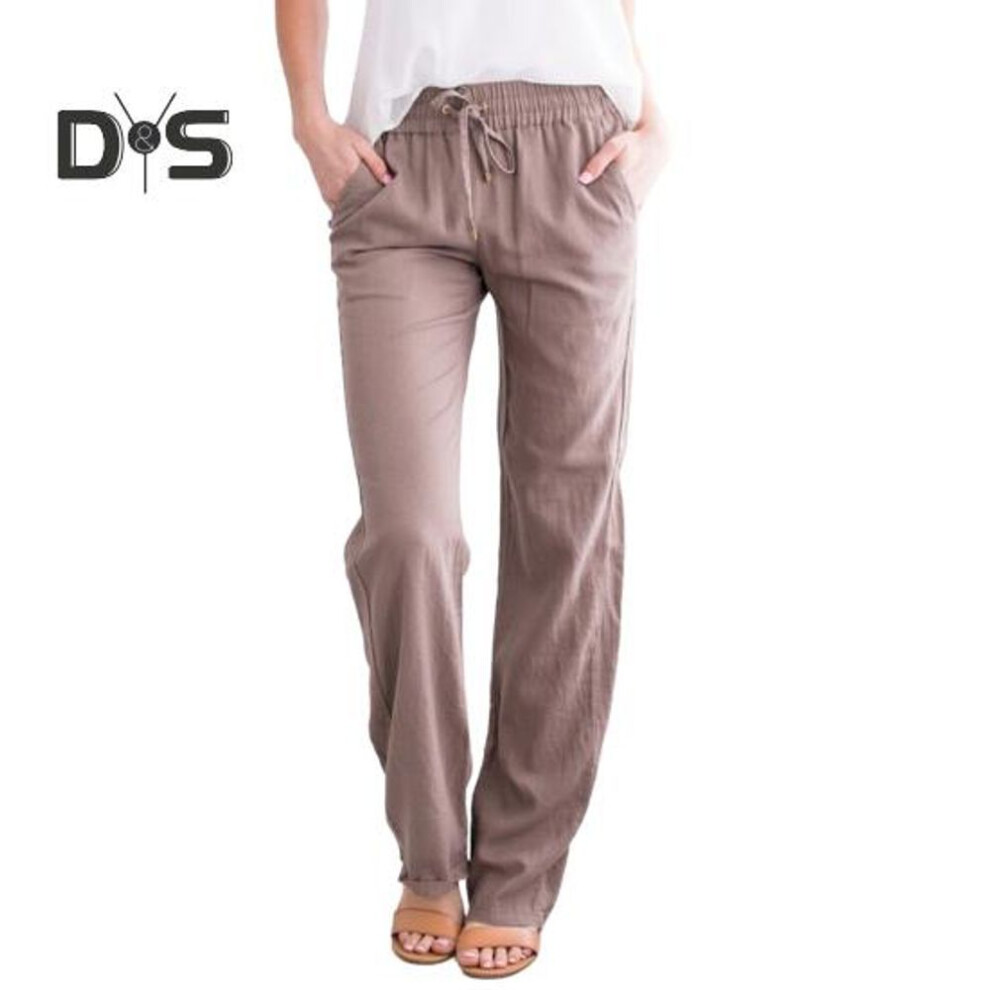 (khaki, L) Women Casual Pants Elastic Drawstring Waist Long Pants With Pockets Solid Color Loose Fit Wide Leg Trousers