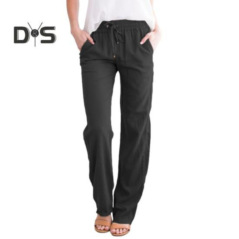 (black, 2XL) Women Casual Pants Elastic Drawstring Waist Long Pants With Pockets Solid Color Loose Fit Wide Leg Trousers