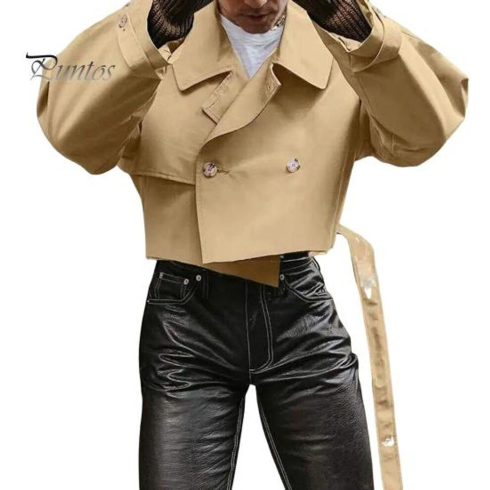 (khaki, L) Cropped Windbreaker Jacket Retro Style Lapel Long Sleeve Single Breasted Solid Color Windbreaker with Belt