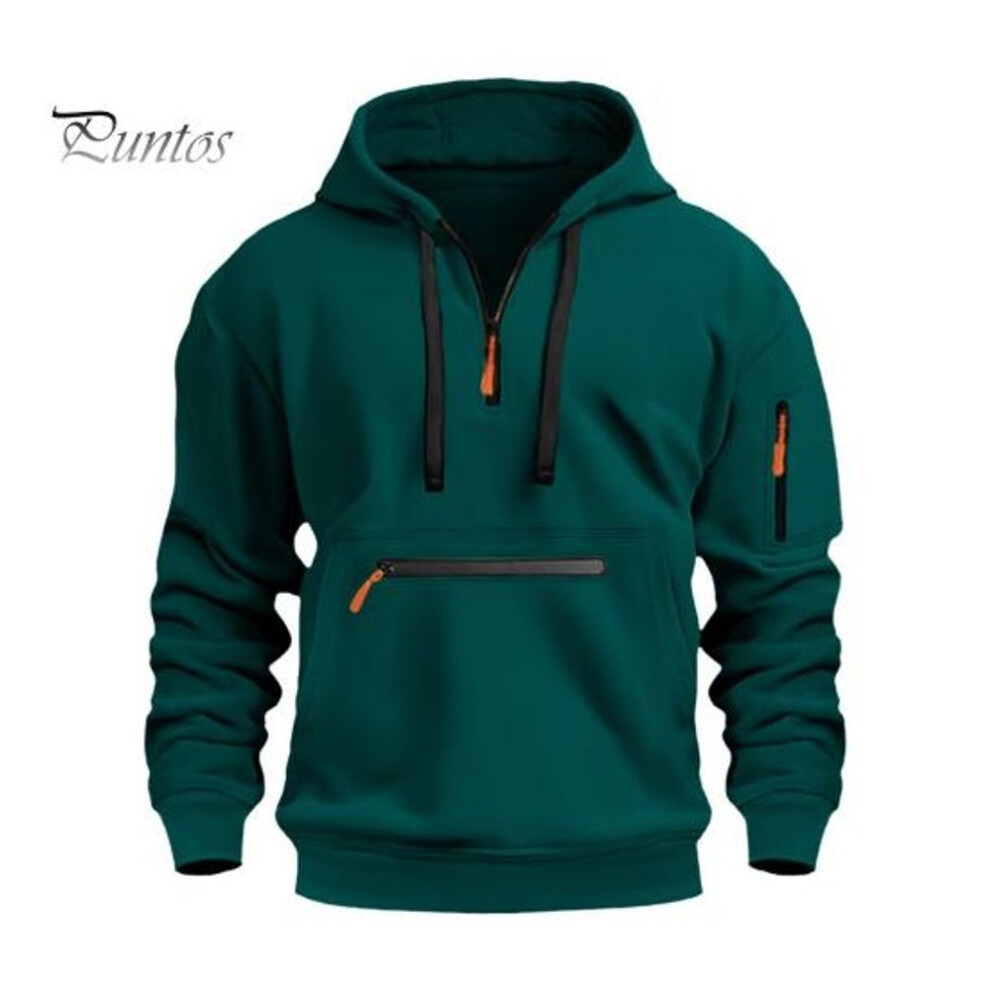 (green, 2XL) Fall Winter Men Hoodie Zipper Decor Loose Elastic Cuff Drawstring Warm Pullover Mid Length Hip Hop Solid Color Top for Sport Daily Wear