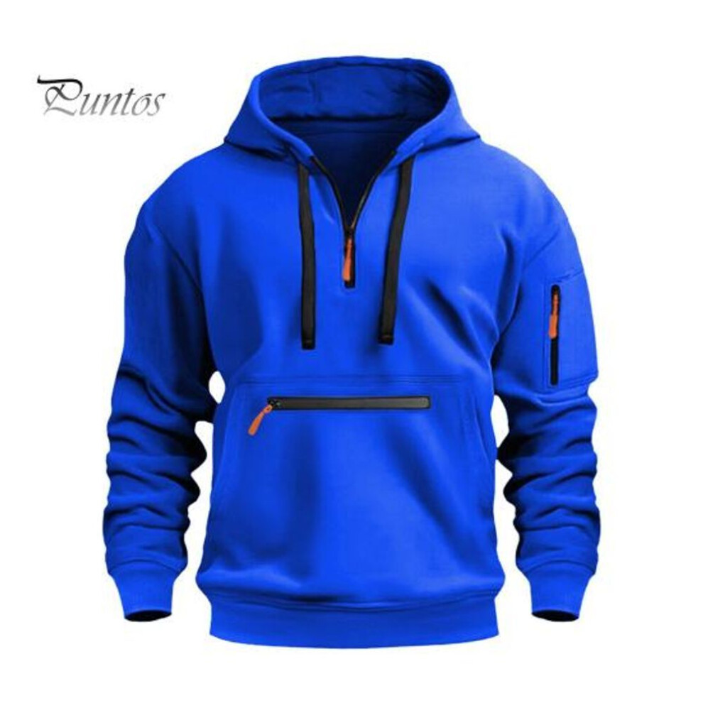 (blue, 2XL) Fall Winter Men Hoodie Zipper Decor Loose Elastic Cuff Drawstring Warm Pullover Mid Length Hip Hop Solid Color Top for Sport Daily Wear