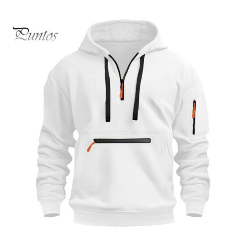 (white, 2XL) Fall Winter Men Hoodie Zipper Decor Loose Elastic Cuff Drawstring Warm Pullover Mid Length Hip Hop Solid Color Top for Sport Daily Wear