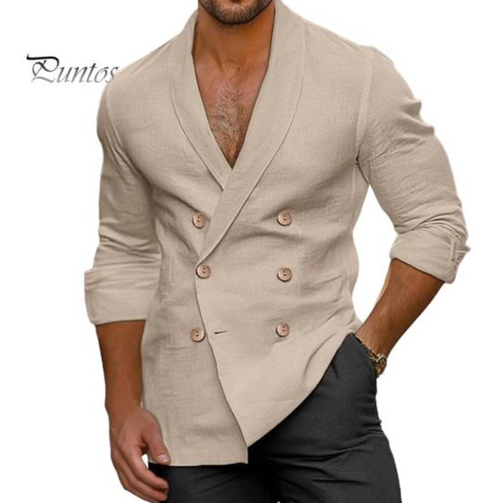 (L, apricot) Men Summer Spring Shirt V Neck Double-breasted Solid Color Slim Fit Cotton Blend Lapel Shirt For Business Office Casual Wear