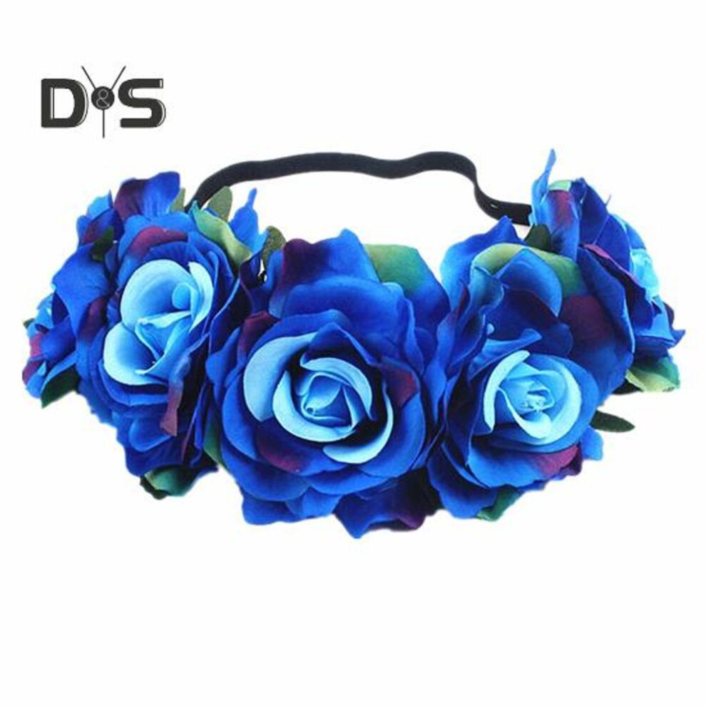 (dark blue) Rose Headband Handmade Hair Hoop With 5 Artificial Roses High Elastic Design Bohemia Style Hair Hoop Festival Decor