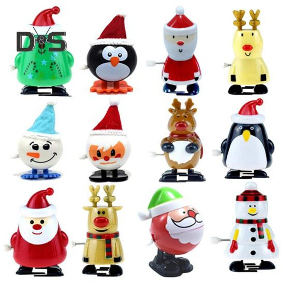 (as the picture, D) 12pcs/set Christmas Wind-up Toy Clockwork Spring Santa Claus Snowman Elk Penguin Shaking Head Walking Toy Xmas Goodie Bag Stuffers Party Favors