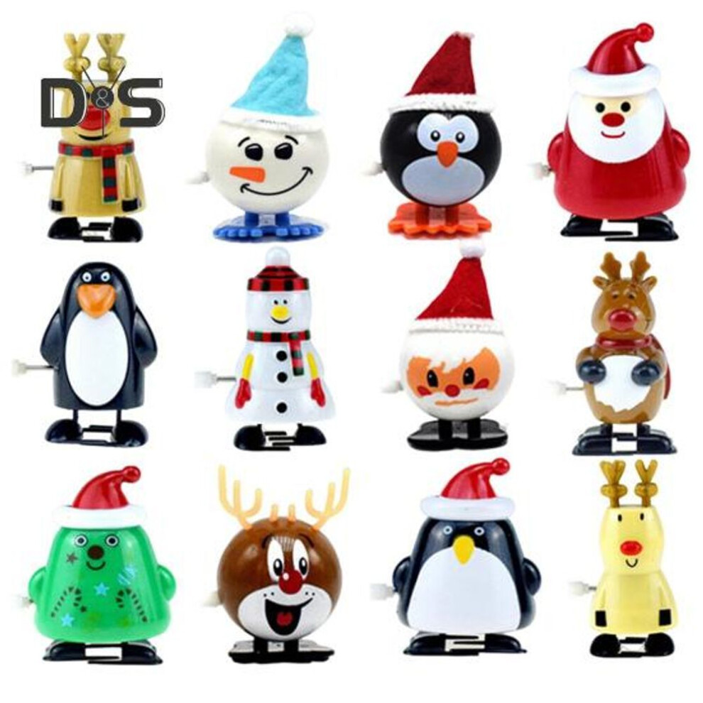 (as the picture, C) 12pcs/set Christmas Wind-up Toy Clockwork Spring Santa Claus Snowman Elk Penguin Shaking Head Walking Toy Xmas Goodie Bag Stuffers Party Favors