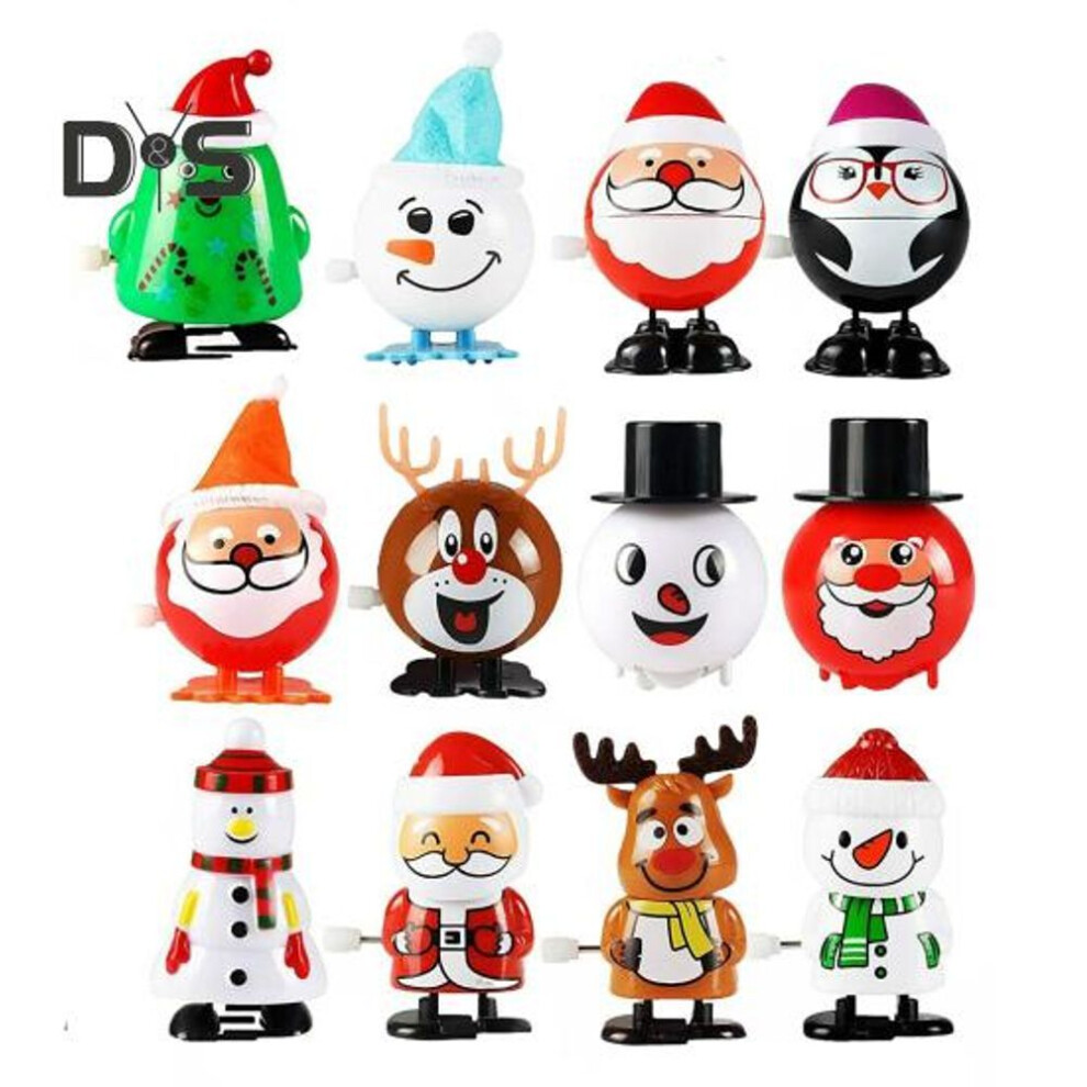 (as the picture, A) 12pcs/set Christmas Wind-up Toy Clockwork Spring Santa Claus Snowman Elk Penguin Shaking Head Walking Toy Xmas Goodie Bag Stuffers Party Favors