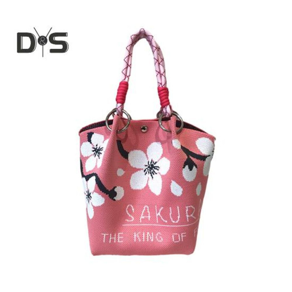 (as the picture, Cherry Blossom) Girls Knitted Handbag Butterfly Flower Bucket Bag Casual Wrist Bag Knitted Purse For Shopping Beach Travel Daily Outings