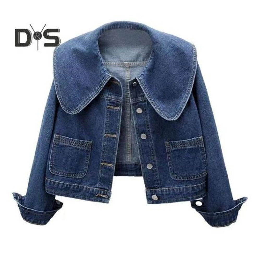 (blue, M) Women Denim Jacket Retro Single-breasted Doll Collar Long Sleeves Solid Color Side Pockets Lady Coat Commuting Shopping Coat