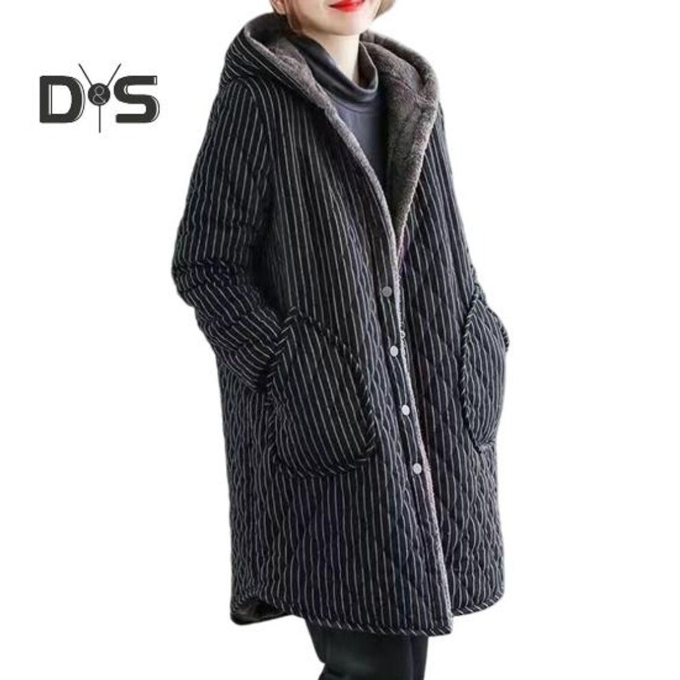 (black, XL) Women Cotton Jacket Hooded Thick Plush Lined Long Sleeves Single-breasted with Side Pockets Windproof Keep Warm Mid Length Daily Wear Outdoor