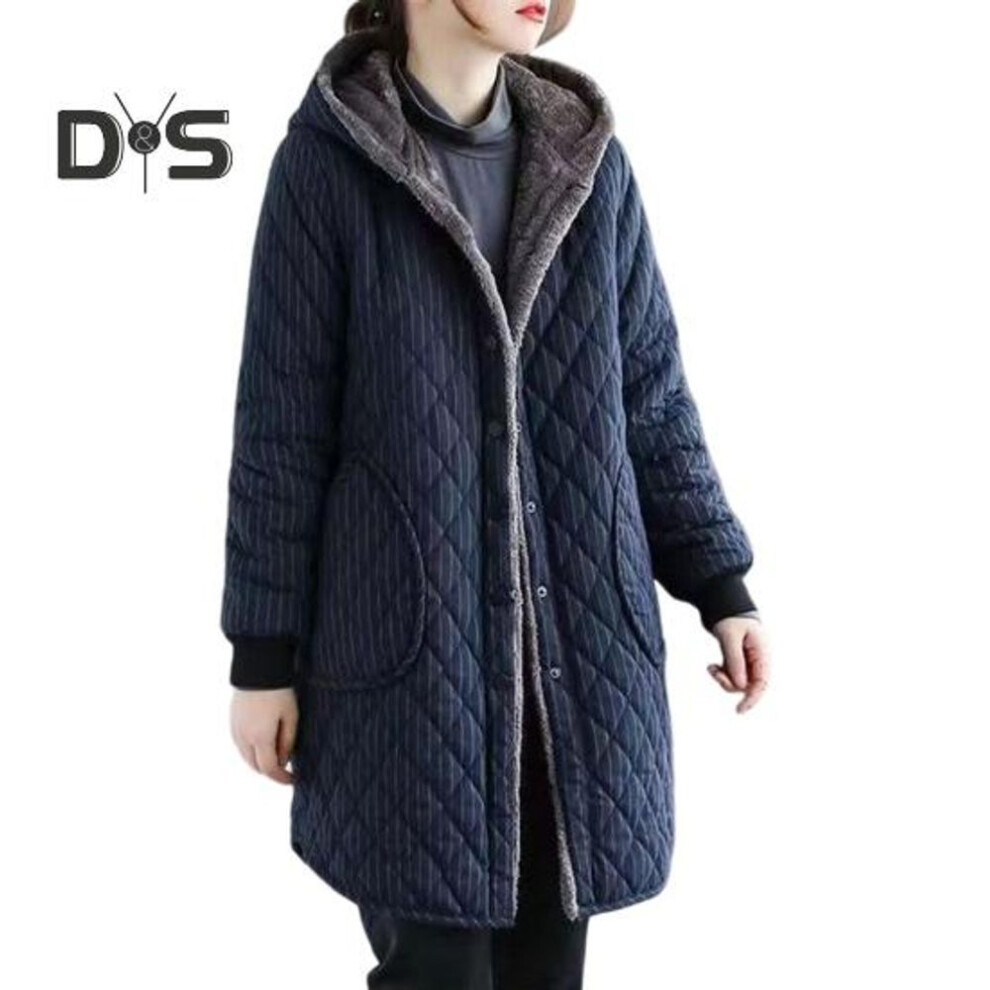 (navy blue, XXL) Women Cotton Jacket Hooded Thick Plush Lined Long Sleeves Single-breasted With Side Pockets Windproof Keep Warm Mid Length Daily Wear Outdoor